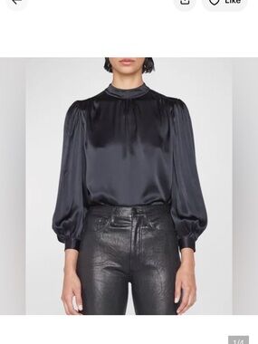 Frame Silk Shirred Mock Neck Blouse - Blk- Size L